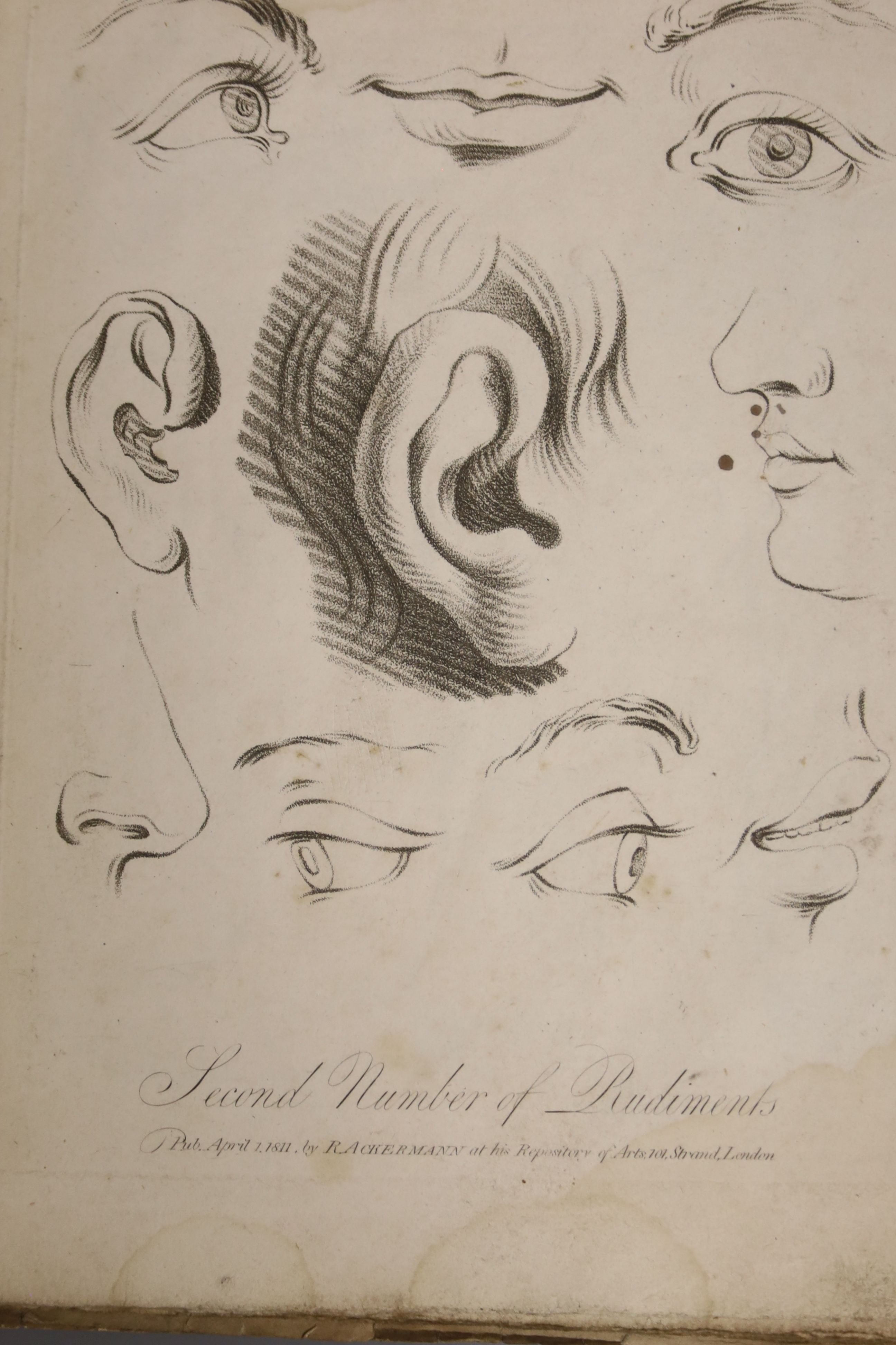 'First Number of Rudiments' published April 1810 by R. Ackermann at his Repository of Arts, Strand, London, bound with similar plates, titled French Rudiments of Figures by Le Clerc